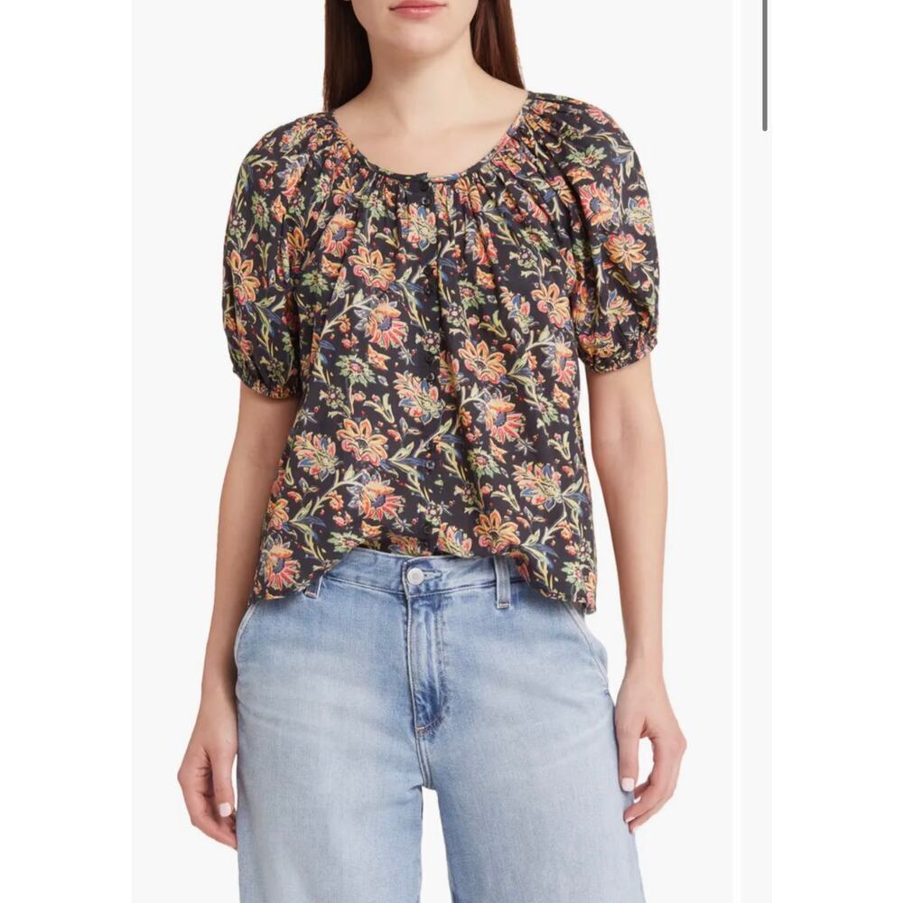The Great. The Porch Floral Print Short Sleeve Blouse Size 0